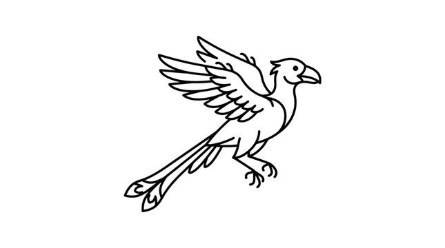 Outline illustration of a prehistoric bird with feathered wings and long tail, flying