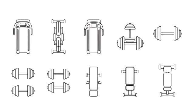 Set of dumbbell and weight bench workout line icons on black background