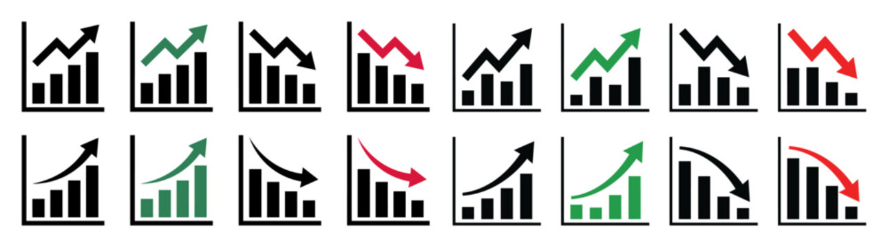 Up and down graph chart vector icon set. growth increase and decrease sign. upward or downward trend bar chart icon. vector illustration 