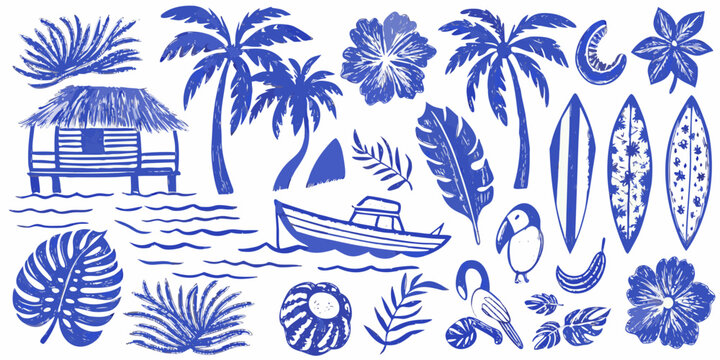 tropical elements detailed illustration blue color palm tree boat surfboard bird flower leaf sketch pattern design beach vacation summer travel holiday