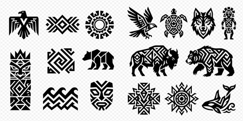 Set of Native American tribal symbols and animal icons, including eagle, turtle, wolf, bear, bison, and whale, in a geometric style. © Adji