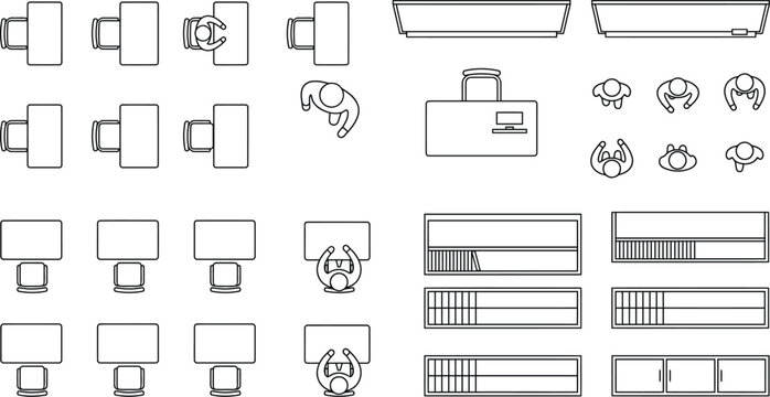 furniture cad block library, top view chairs, tables, benches and seating layouts for floor plan space planning drawings