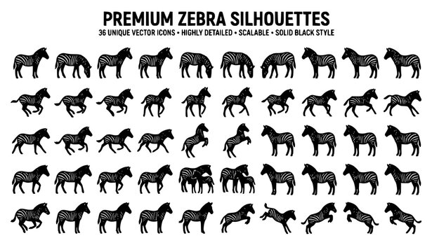 African Zebra Silhouette Collection Black Wildlife Vector Illustration