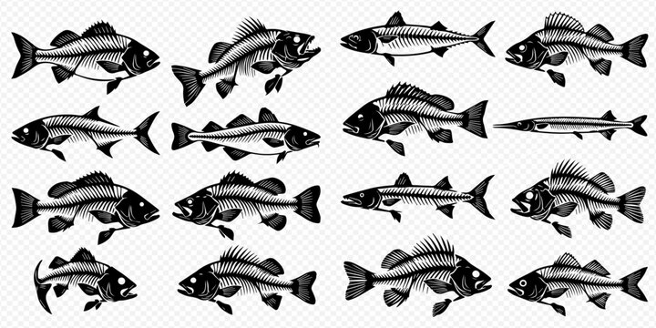 Set of black and white fish illustrations for fishing, aquatic life, and marine themes.