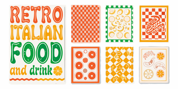 retro italian food and drink poster collection with vibrant colors orange lemon pepper pattern checkered vector illustration graphic design menu restaurant