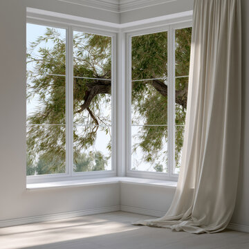 Bright minimal interior room with large bay window, white curtain, tree branch outside, natural light, peaceful atmosphere, modern style