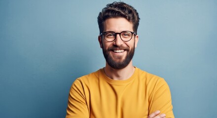 Obraz premium Portrait of a Happy Young Man with Beard and Glasses Wearing Yellow T-shirt Smiling at Camera on Blue Background