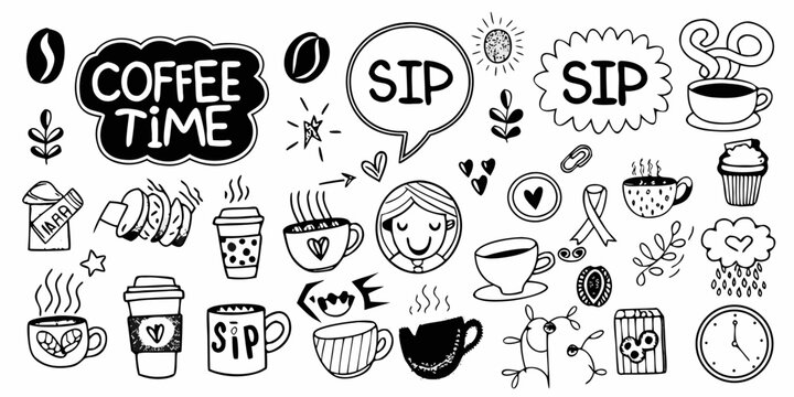 coffee themed doodle collection in playful black and white style black and white cup bean sip time speech bubble leaf heart clock dessert line art