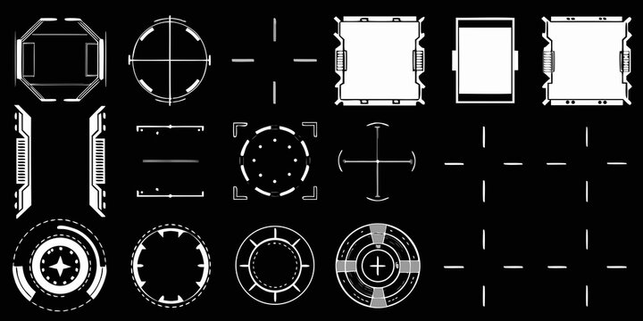 futuristic sci fi frames and shapes line art on black background sci fi geometric oval circle rectangle crosshair interface technology elements tech