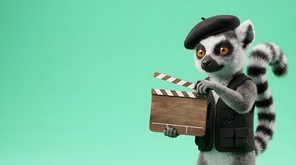 Fototapeta premium Cute lemur in beret and vest holding film clapperboard on a green background with copy space.