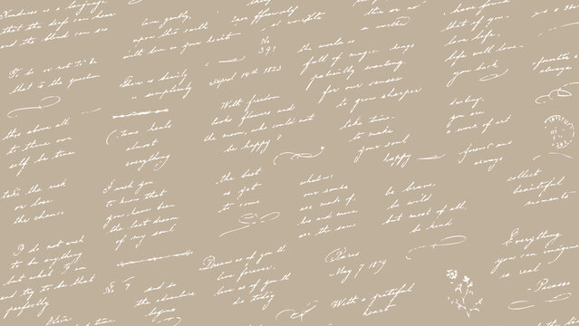  beige pattern of abstract illegible handwritten text. Vintage grunge bad calligraphy script, old book document. Vector illustration of monochrome unreadable handwriting cursive poetry