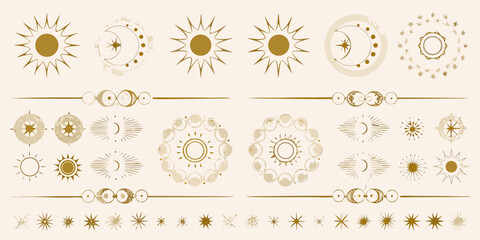 celestial gold dividers and circular frames featuring sun moon stars vector illustration astronomy cosmic ornament pattern design graphic element decoration symbol © Shamal