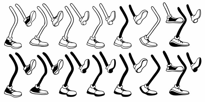 cartoon legs and feet in various dynamic poses black and white line art illustration vector graphic character design animation movement action