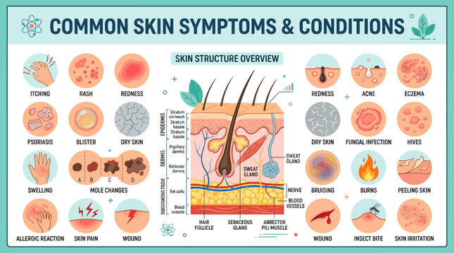 Skin Symptoms and Conditions Diagram Highlighting Common Disorders.