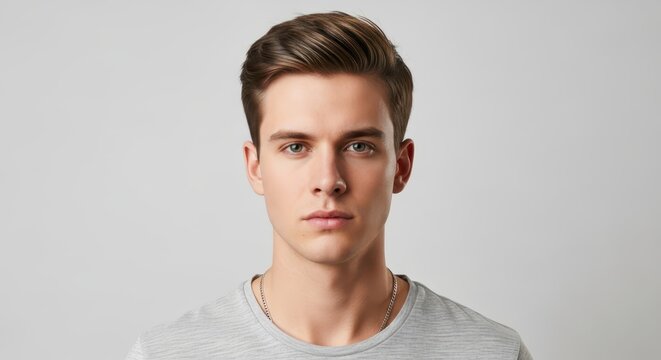 Portrait of a handsome young man with stylish modern hairstyle looking at camera on grey background