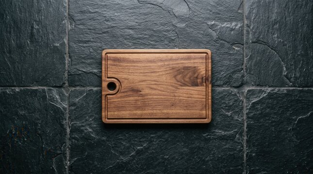 Rustic Wooden Cutting Board on Dark Slate Tile Background.