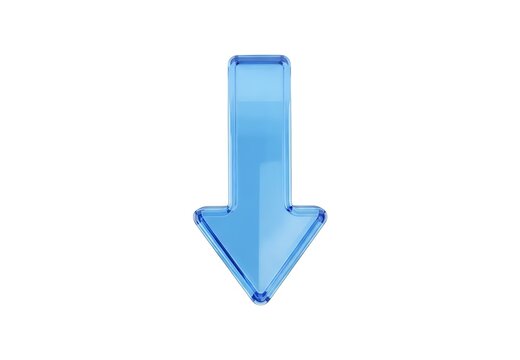 Shiny blue glass arrow pointing down isolated on white background