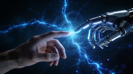 Fototapeta premium Human Hand Reaching to Touch Robotic Hand with Blue Energy