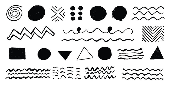 Set of hand drawn doodle shapes and wavy lines in black ink