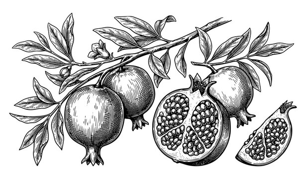 Vintage Engraved Botanical Pomegranate Black and White Vector Illustration