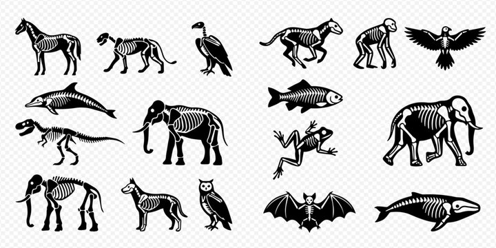 Set of animal skeletons and silhouettes, including horse, dinosaur, elephant, fish, and more, depicting anatomy and evolution.
