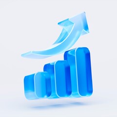 Fototapeta premium 3D growth chart icon with arrow isolated on white background, concept of business success and progress. Transparent Liquid Glass icon. 3D rendering.