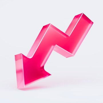 3D red arrow icon isolated on white background, concept of decline and decrease trend. Transparent Liquid Glass icon. 3D rendering.