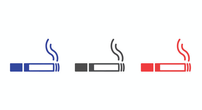 Cigarette Icons: Three stylized icons depicting cigarettes with smoke plumes in blue, black, and red color variations, representing smoking or related themes.