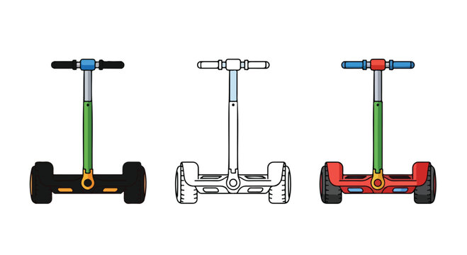 Three Hoverboards: A display of three hoverboards, showcasing their unique design and color variations, highlighting modern personal transportation and technological advancement.