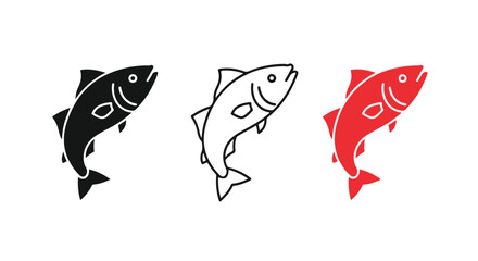 Fish Icon Set: A collection of stylized fish icons in black, white, and red, showcasing aquatic life with clean, simple lines, perfect for various design applications. © fantastic