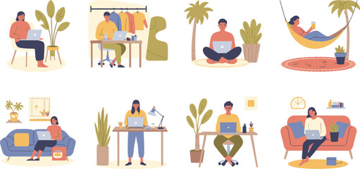 Fototapeta premium Freelancers working from home and outdoors set remote work people using laptops in cozy rooms hammock garden flat vector illustration