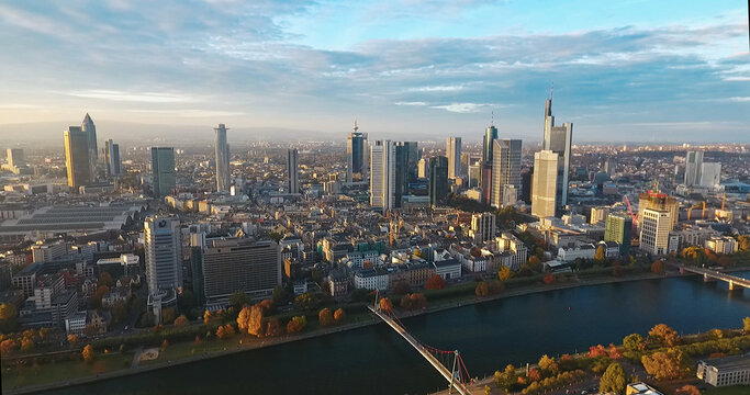 Frankfurt am main cityscape and river with autumn colors