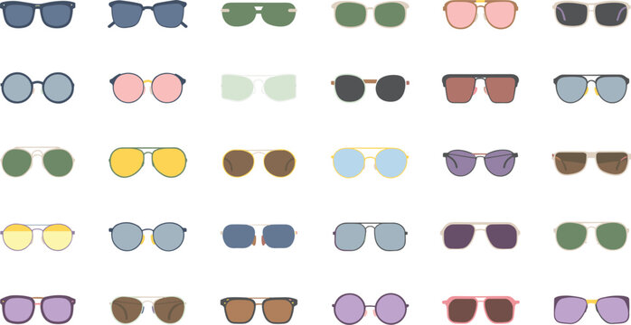 Sunglasses collection with different modern shapes and colorful lenses retro aviator round square fashion eyewear icon set vector illustration