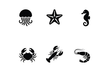 Obraz premium Black and White Sea Creature Ocean Animal Silhouette Icon Set Flat Design Collection