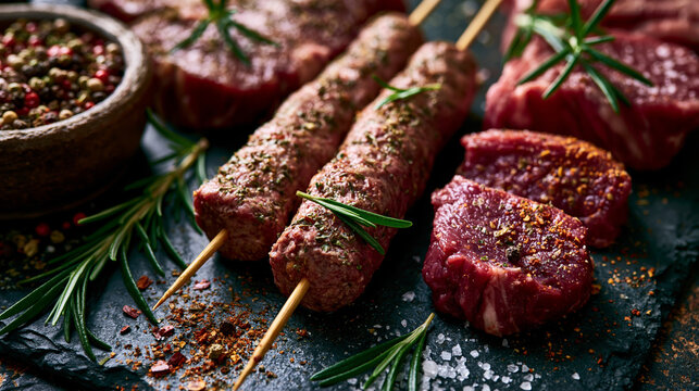 Raw beef skewers and marinated meat cuts prepared for cooking on a dark stone board