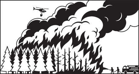 Firefighters battling a raging wildfire in a pine forest © Great