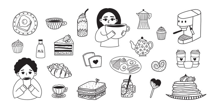 Cute coffee and breakfast doodle clipart set with cozy cafe food and drinks