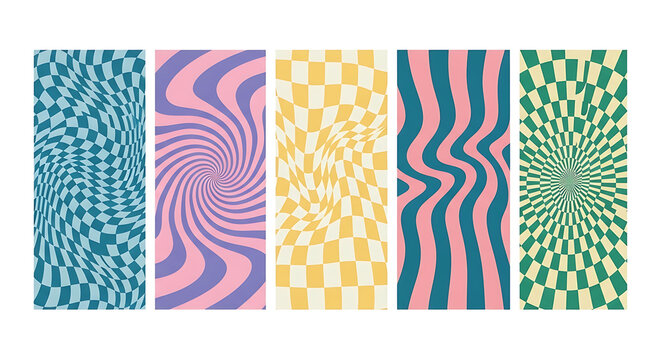 Set of five retro y2k style psychedelic wavy checkered patterns with psychedelic checkered aesthetic distortion abstract nostalgic colorful illusion background creative