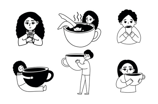 Cute Coffee Lover Characters Doodle Clipart Set with Cozy Coffee Cups