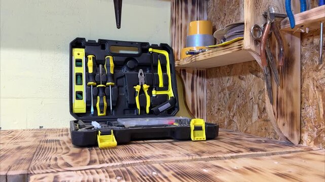 Tool kit with yellow and black tools displayed on wooden workbench, showcasing organized components and accessories in a well-lit workshop environment