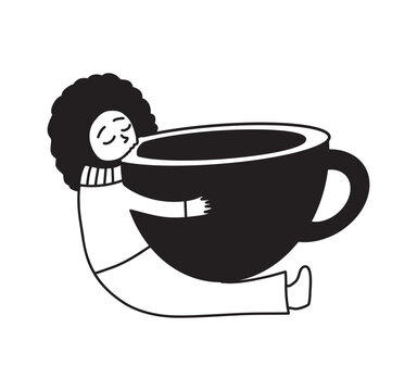 Cute cozy girl hugging a giant coffee cup hand drawn doodle clipart