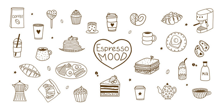 Cute coffee and breakfast doodle clipart set with espresso, pastries and cafe elements
