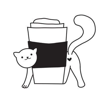 Cute cat hugging a takeaway coffee cup hand drawn doodle clipart