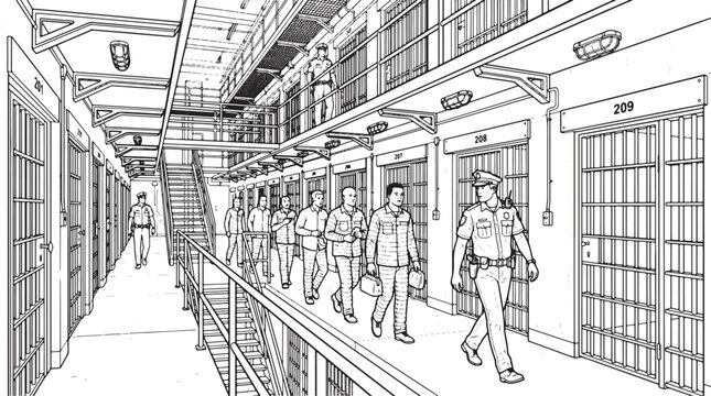 Prison block with inmates walking in line under guard supervision