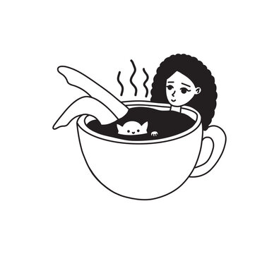 Cute girl relaxing in a giant coffee cup with cat hand drawn doodle clipart