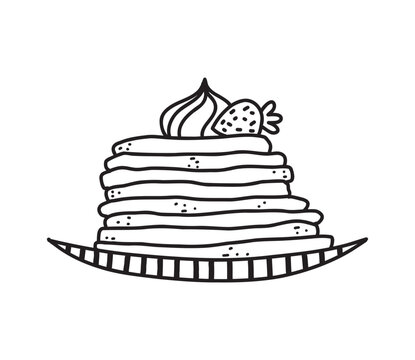 Cute pancakes with whipped cream and strawberry hand drawn doodle clipart