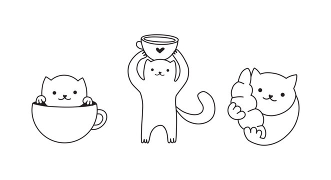 Cute kawaii cats with coffee cups and croissant hand drawn doodle clipart set