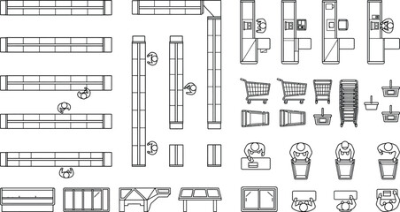 Obraz premium seating and furniture cad block library, top view benches, tables, chairs, bar seating and site furnishing symbols for architectural space planning drawings