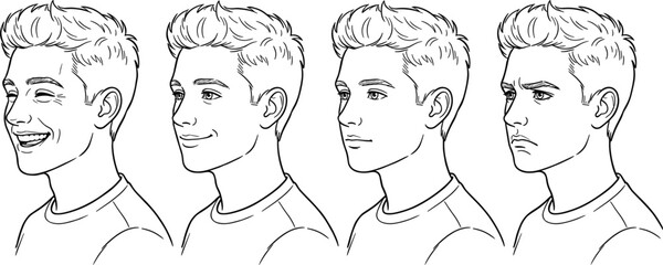 Young Man Facial Expression Profile Line Art Vector Illustration Set for Emotion Character Avatar Psychology and Graphic Design Projects © ATAUR