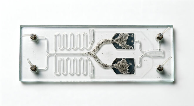 Generic scientific biochip translucent glass slide showing microfluidic channels and human cell cultures macro shot technical details completely isolated on white background